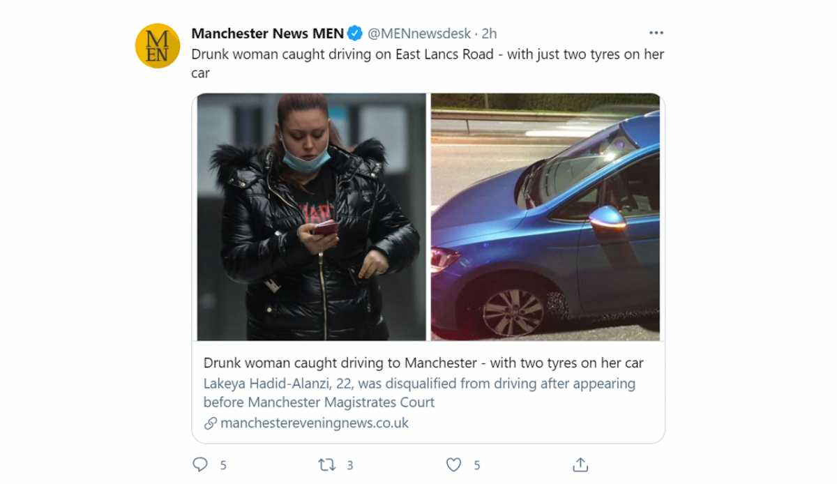 Motorist banned after caught driving with just two tyres on her car